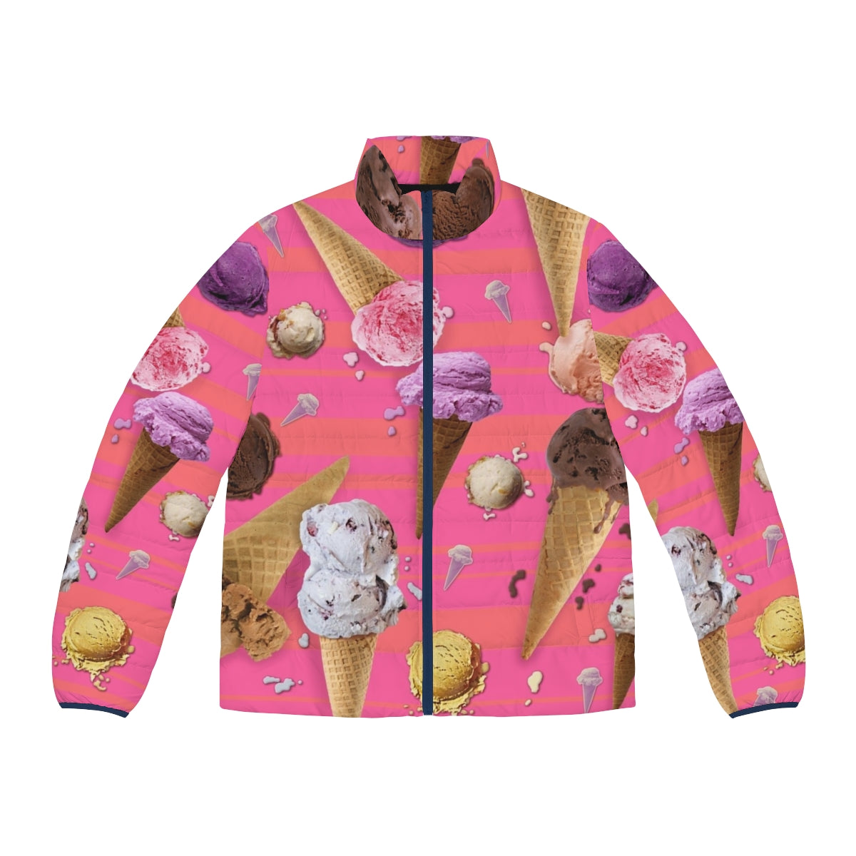 "We All Scream" puffer jacket featuring colorful ice cream graphics and patterns