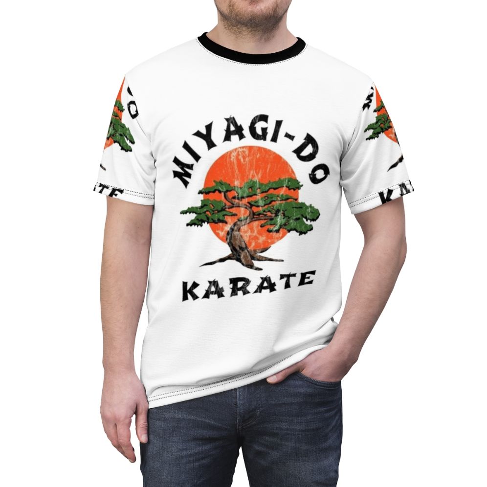 Vintage-style distressed t-shirt featuring a karate design inspired by the 80s movie Karate Kid. - men front