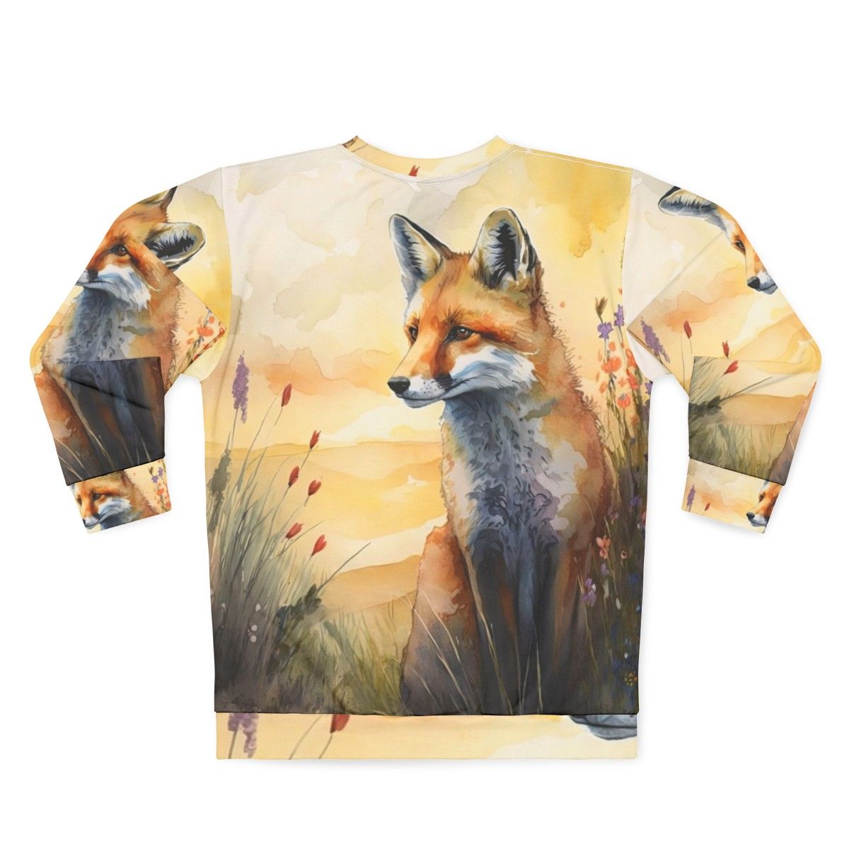 Charming red fox sweatshirt featuring a watercolor illustration of a red fox cub in a spring woodland setting - Back