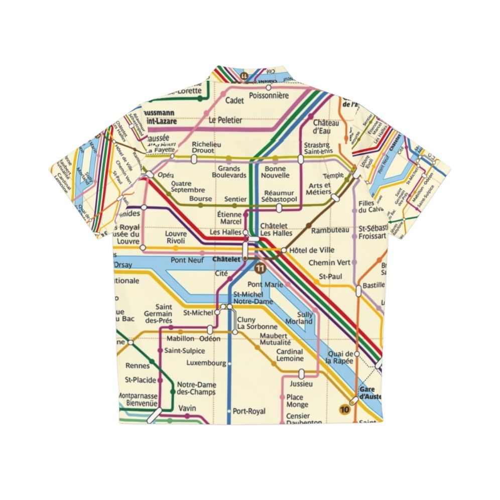 Person wearing a colorful Hawaiian shirt featuring a map of the Paris Metro system - Back