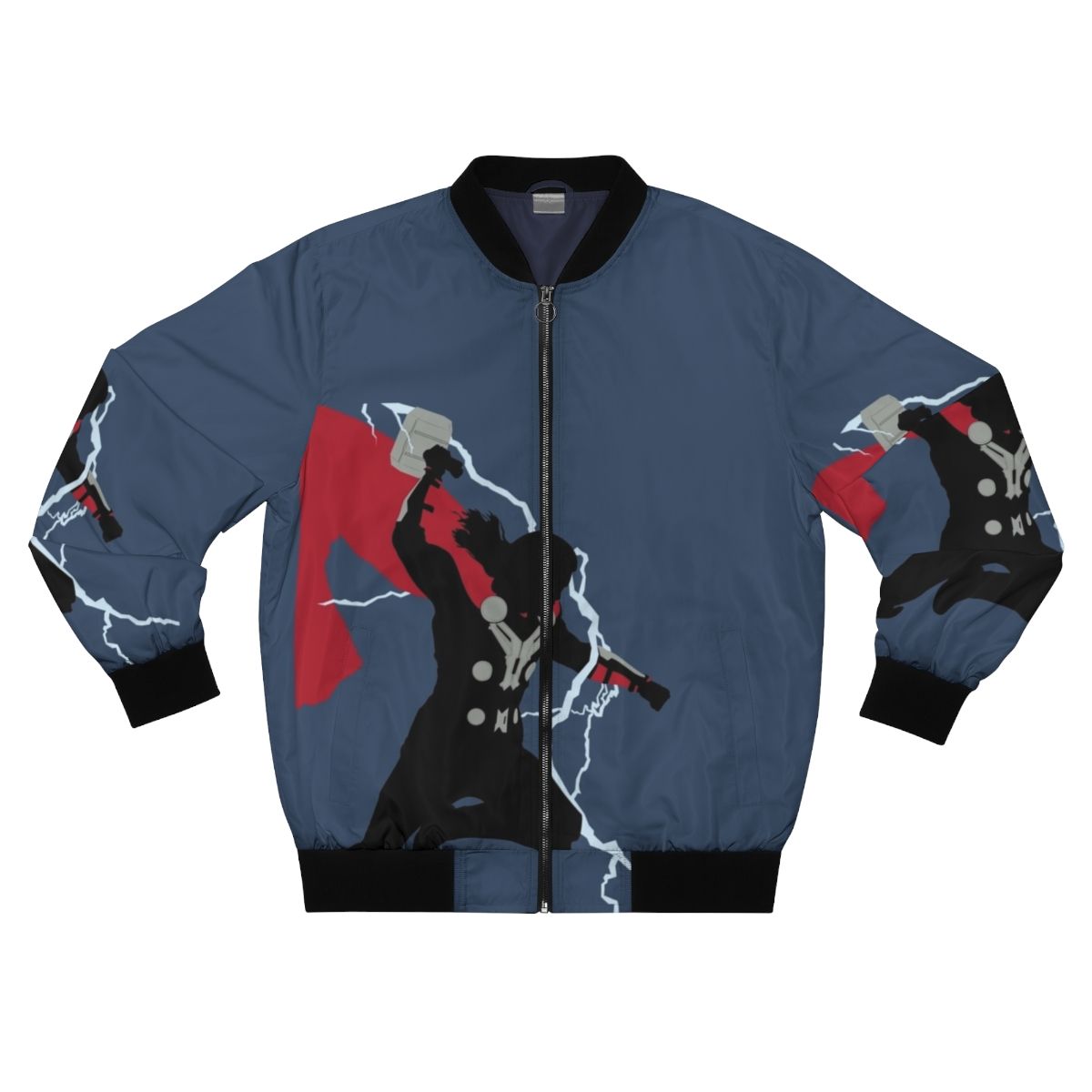 Stylized bomber jacket featuring the silhouette of Thor, the God of Thunder, with lightning bolts and Mjølnir, his iconic hammer.