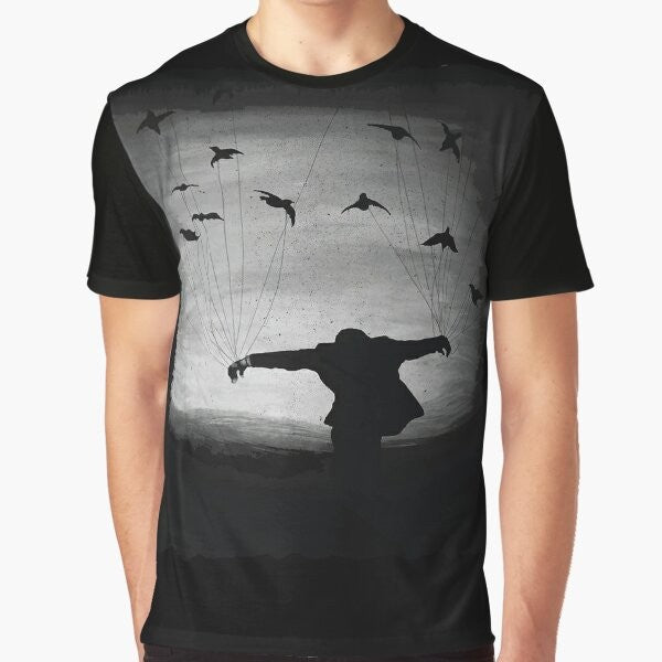 A t-shirt featuring a striking silhouette of ravens flying against a cloudy, mysterious background.