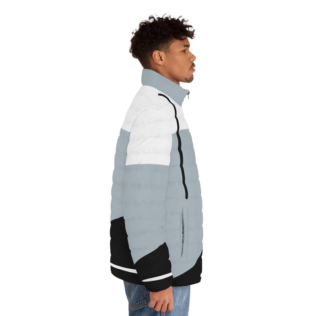 Minimalist abstract geometric puffer jacket with modern trichromatic color block pattern - men side right