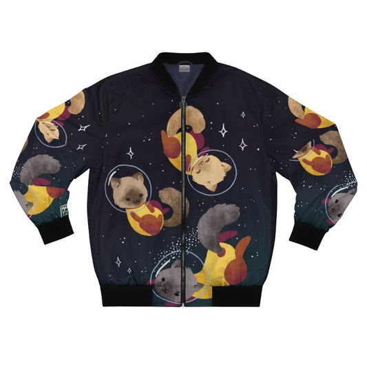 Cute and fun space cats illustration on a bomber jacket, featuring a cosmic design with stars, planets, and a playful feline astronaut.