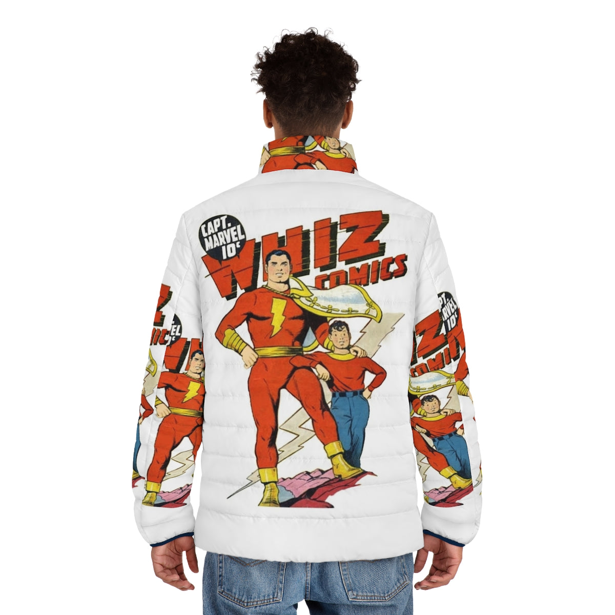 Golden age comic book superhero puffer jacket - men back