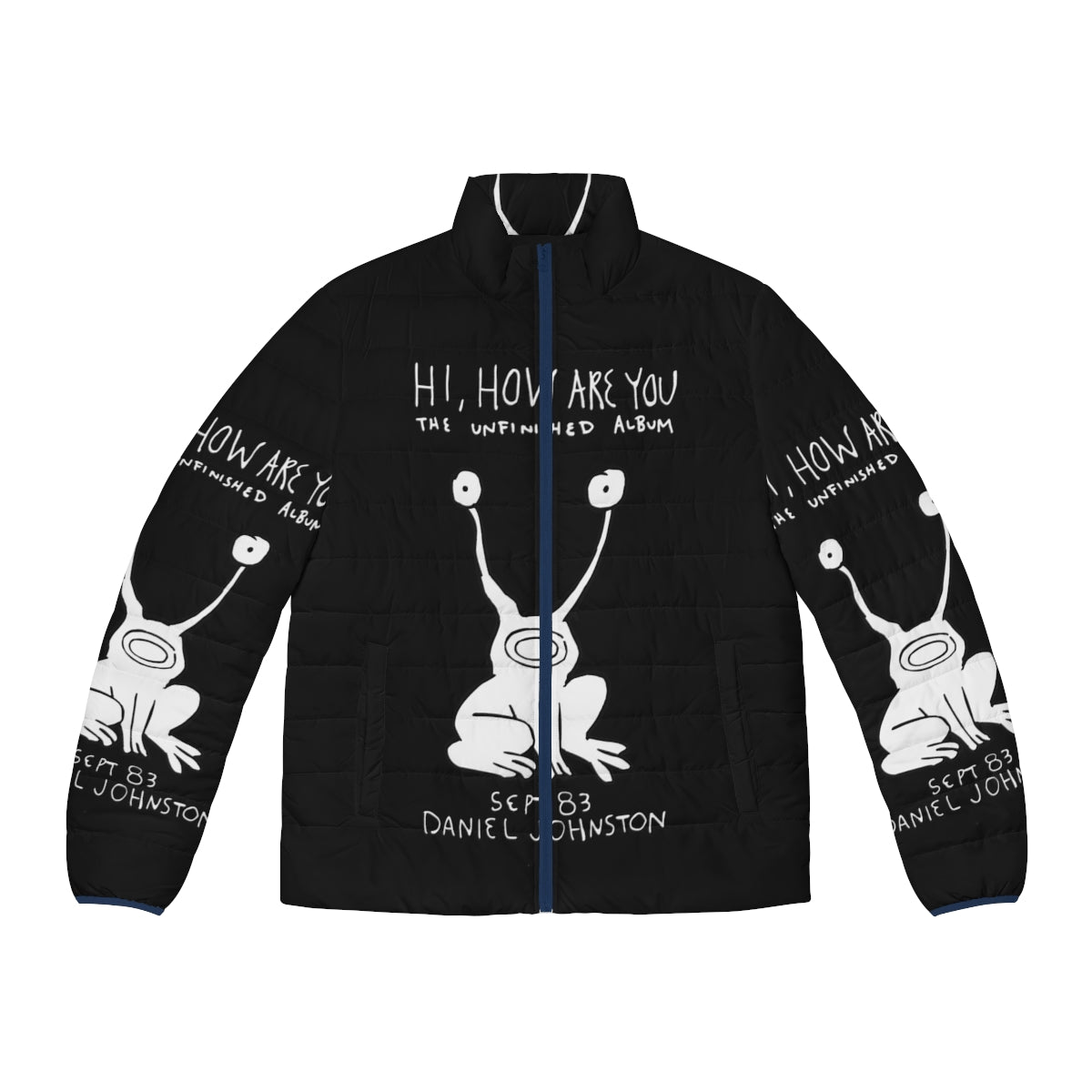 Hi How Are You Daniel Johnston inspired puffer jacket with album cover graphics