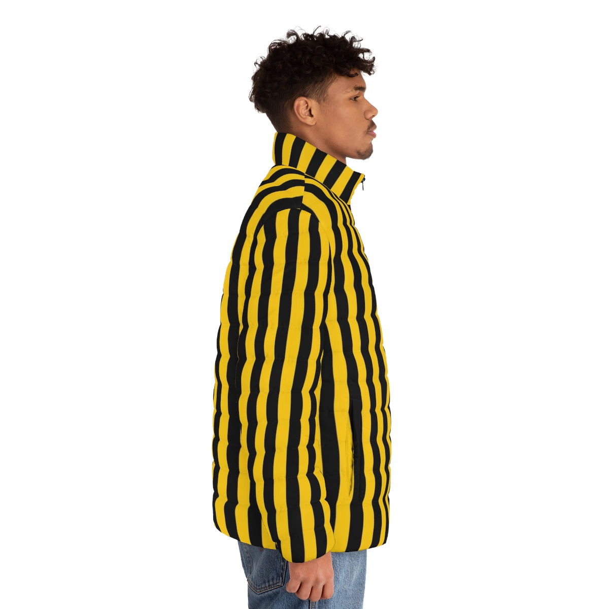 Yellow and black striped puffer jacket - men side right