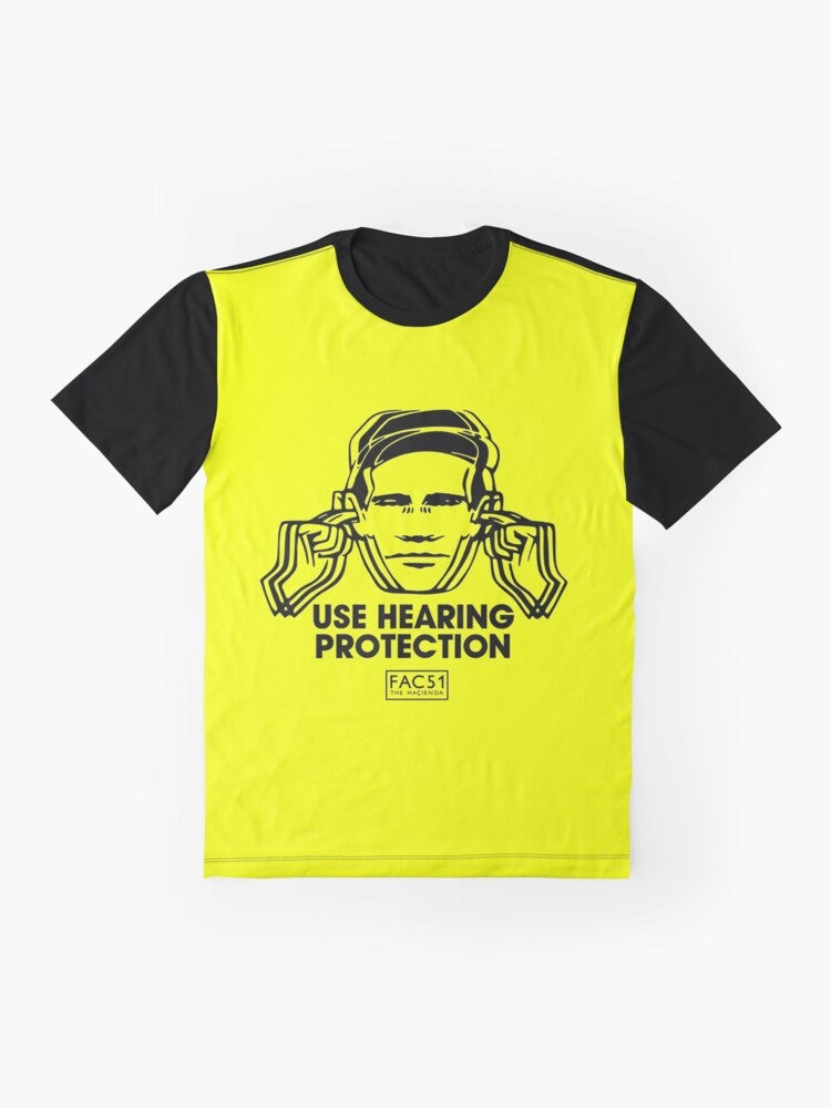 Hearing protection graphic t-shirt with "Use Hearing Protection" text and industrial/indie design - Flat lay