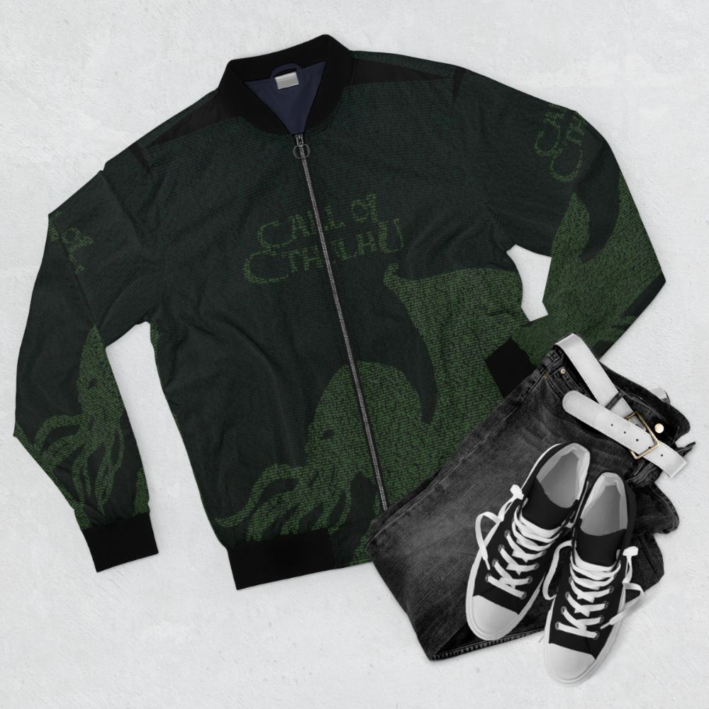 Cthulhu-inspired bomber jacket with horror text design - Flat lay