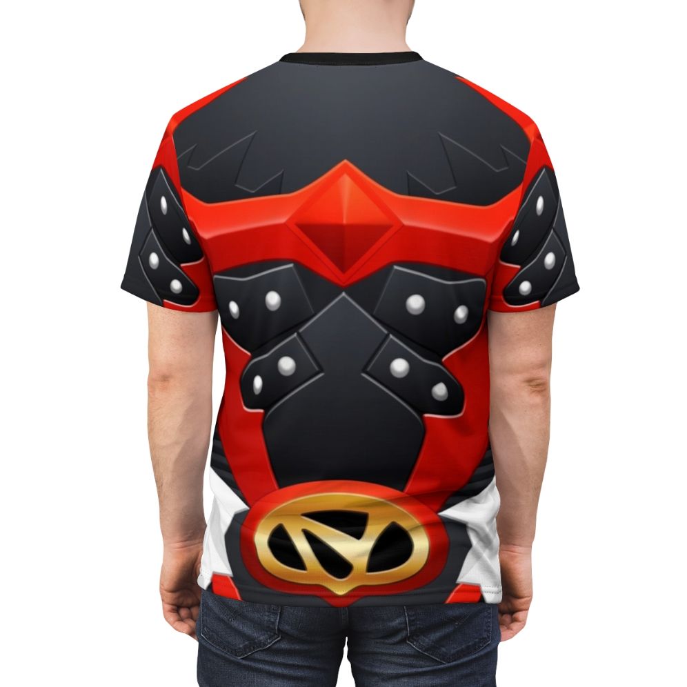 A red t-shirt featuring a psycho-themed design inspired by power rangers and other superheroes. - men back