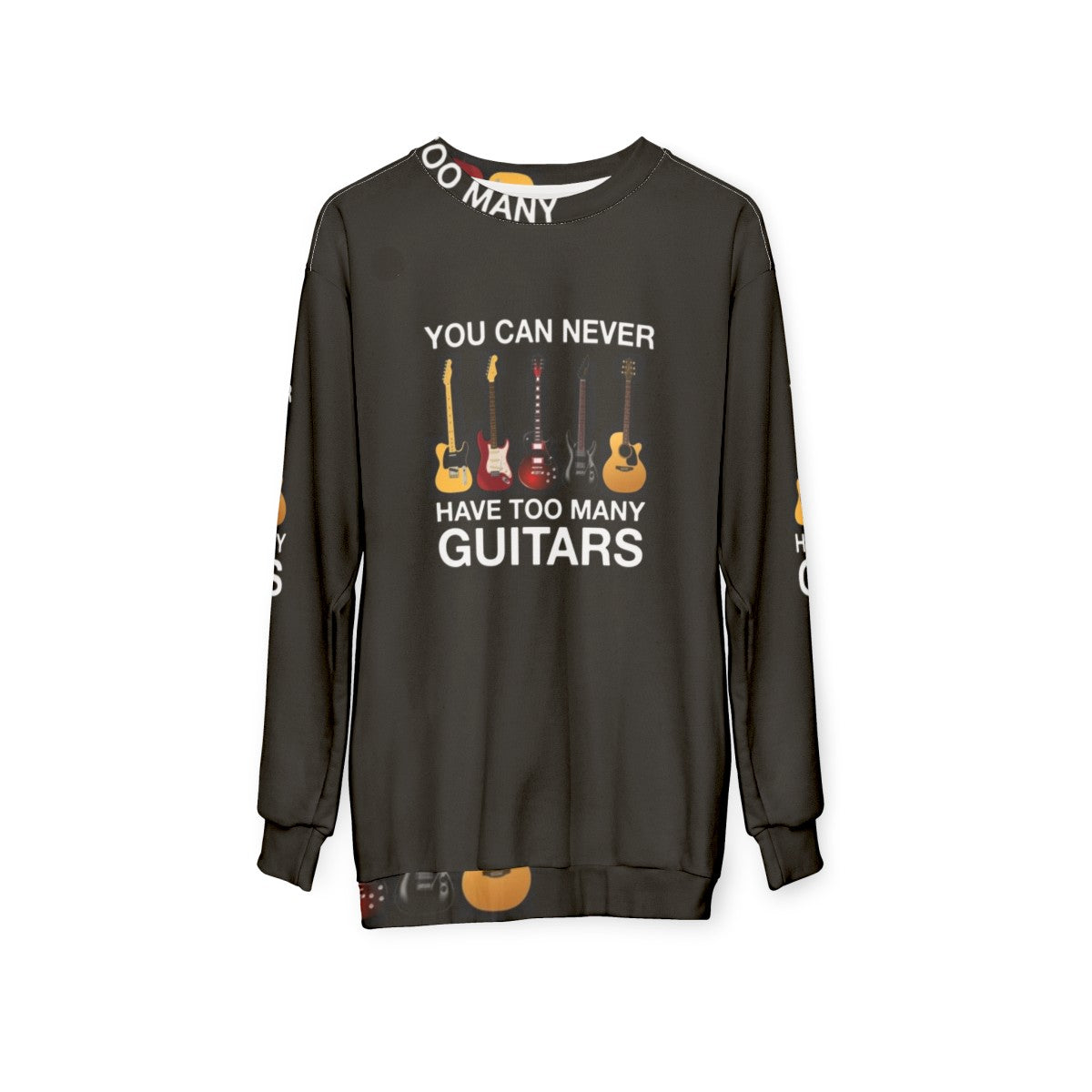 Unisex gray sweatshirt with "You Can Never Have Too Many Guitars" text - hanging