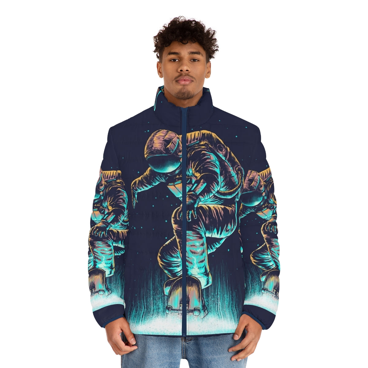 Cosmic Grind Space Puffer Jacket featuring a surreal, neon-lit space-inspired design - men front