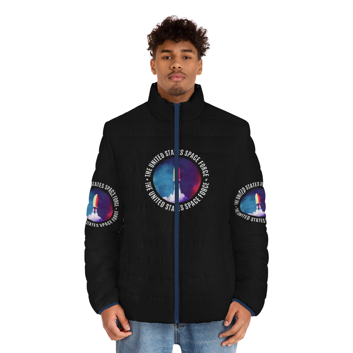 Space Force watercolor logo printed on a navy blue puffer jacket - men front