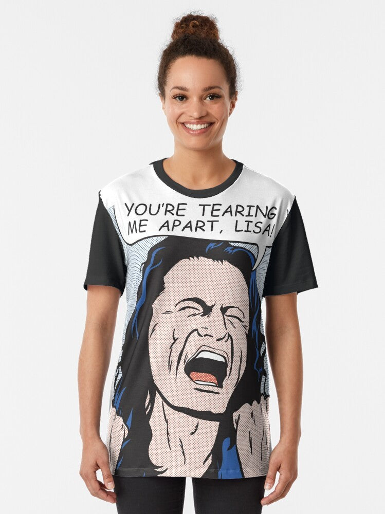 "You're Tearing Me Apart, Lisa!" The Disaster Artist graphic t-shirt featuring a pop art style design with a drowning girl, actor, and quote from the cult classic movie. - Women