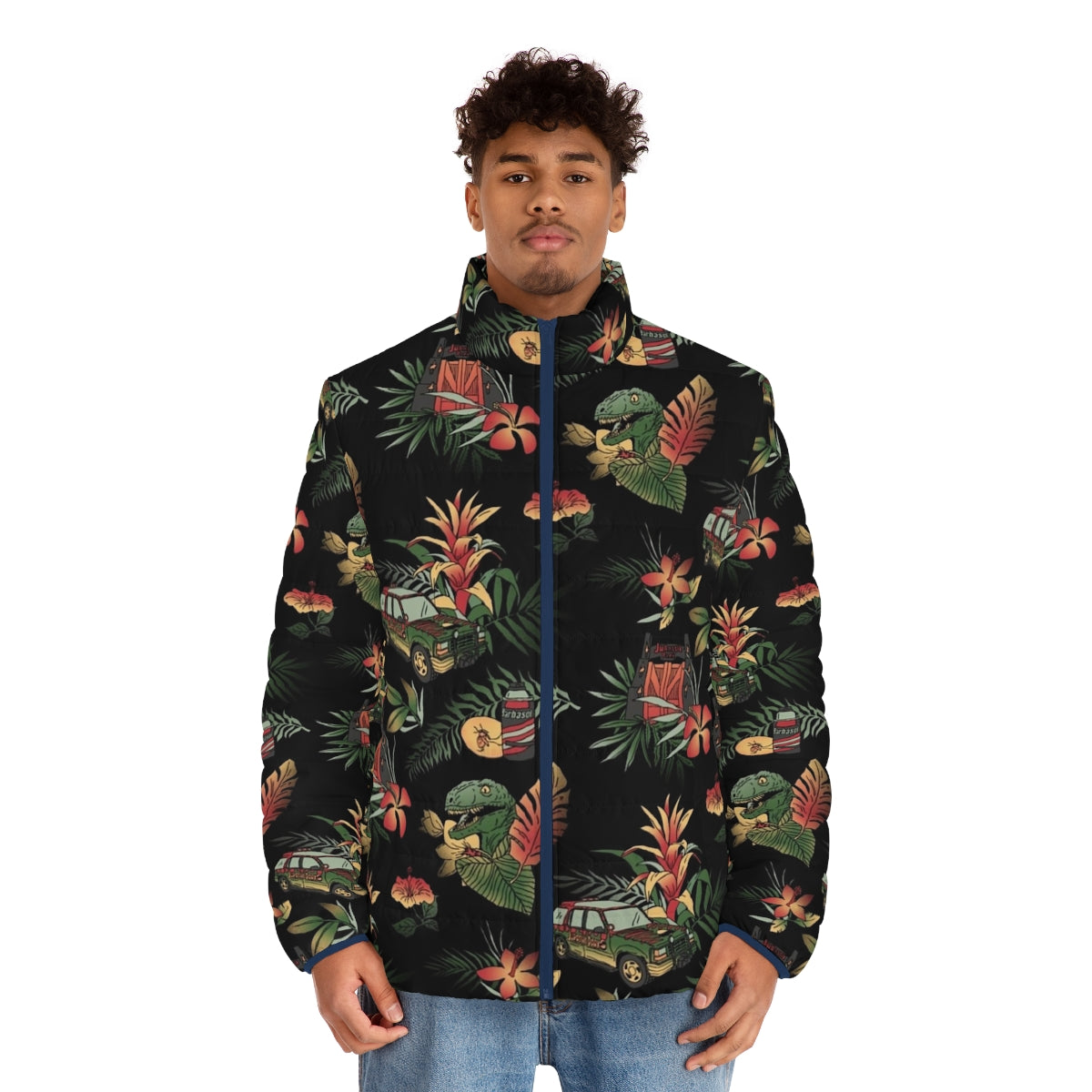 Classic Jurassic puffer jacket with floral dinosaur pattern - men front