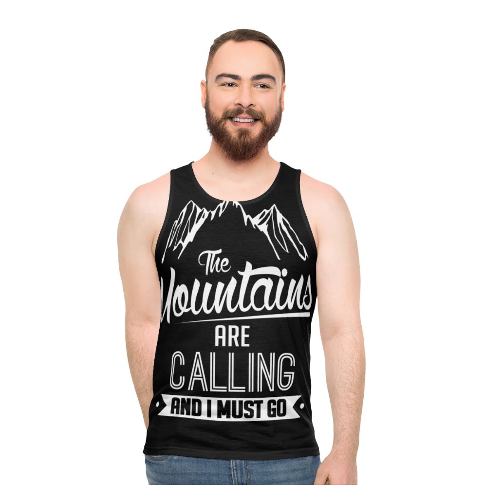 Unisex tank top with "The Mountains Are Calling And I Must Go" design - men