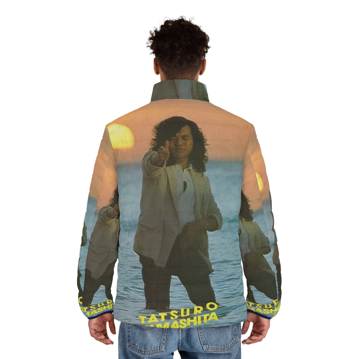 Retro puffer jacket featuring the album cover art for Tatsuro Yamashita's "Ride On Time" - men back