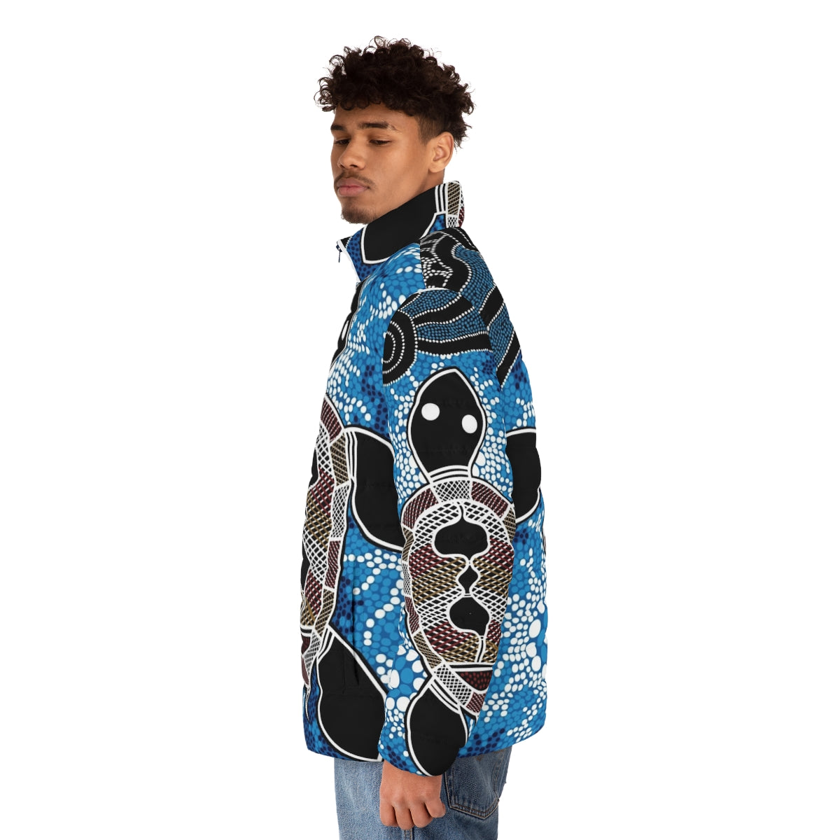 Authentic Aboriginal Art Sea Turtles Puffer Jacket, featuring indigenous Australian dreamtime art - men side left