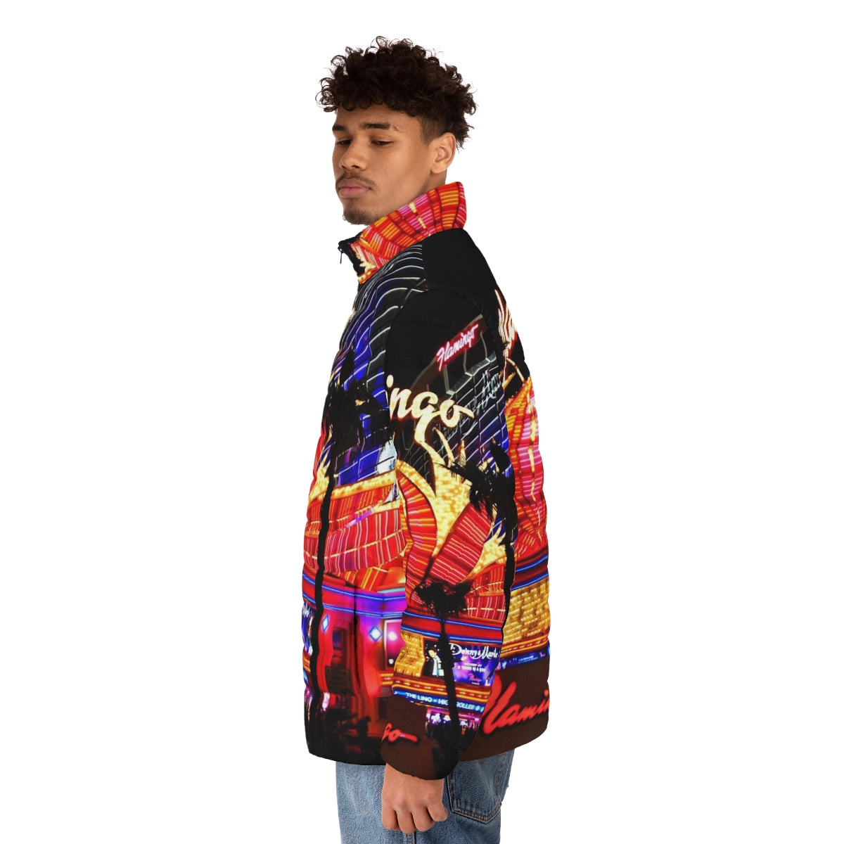 American puffer jacket featuring colorful Flamingo Las Vegas neon signs - men side left