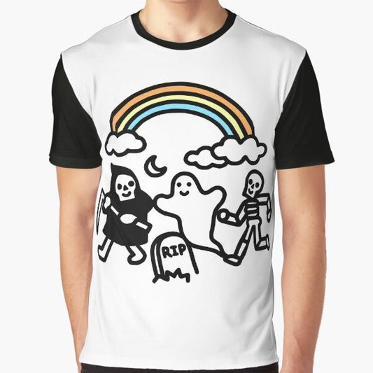 Spooky graphic t-shirt featuring skulls, ghosts, and rainbows in a cute and funny design