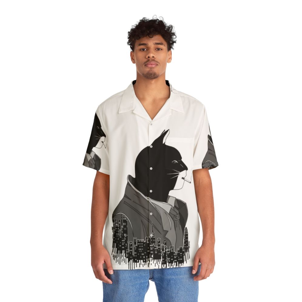 Blacksad Noire Hawaiian Shirt - Noir Detective Cat Graphic Tee - People Front