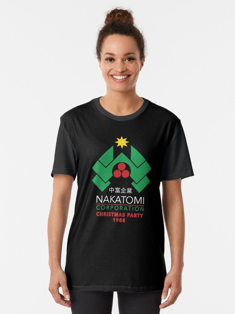 Retro Nakatomi Christmas Party Graphic T-Shirt featuring the iconic die hard movie logo and 80s design - Women