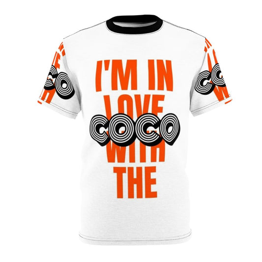 Stylish AOP T-shirt featuring a cool design inspired by the popular "Im in Love with the Coco" song and Conan O'Brien's Team Coco brand.