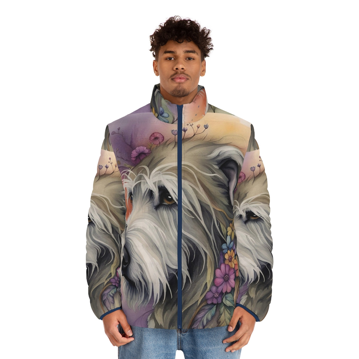 Watercolor-inspired puffer jacket featuring a cute Irish Wolfhound design - men front