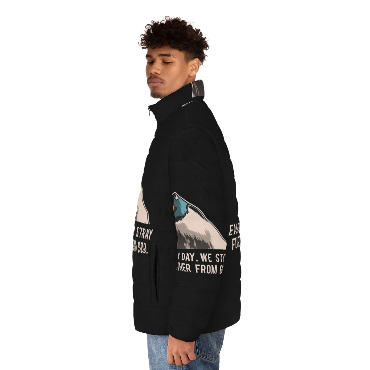 Everyday We Stray Further From God Meme Puffer Jacket with Platypus Design - men side left