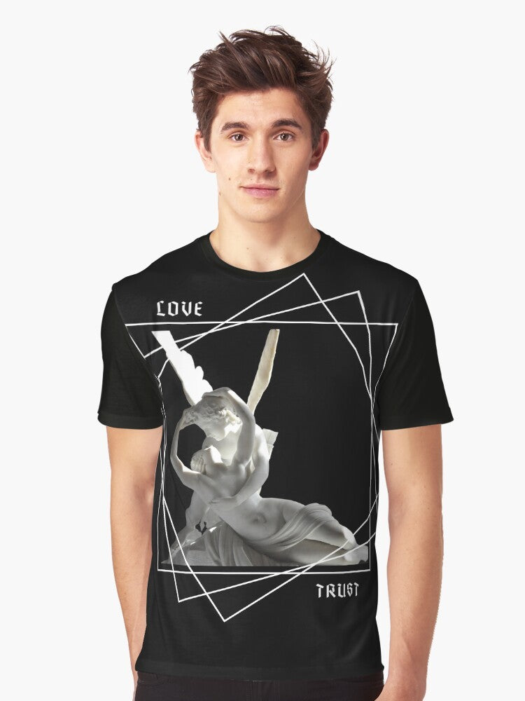 Psyche and Eros graphic t-shirt featuring a mythological design from ancient Greek mythology - Men