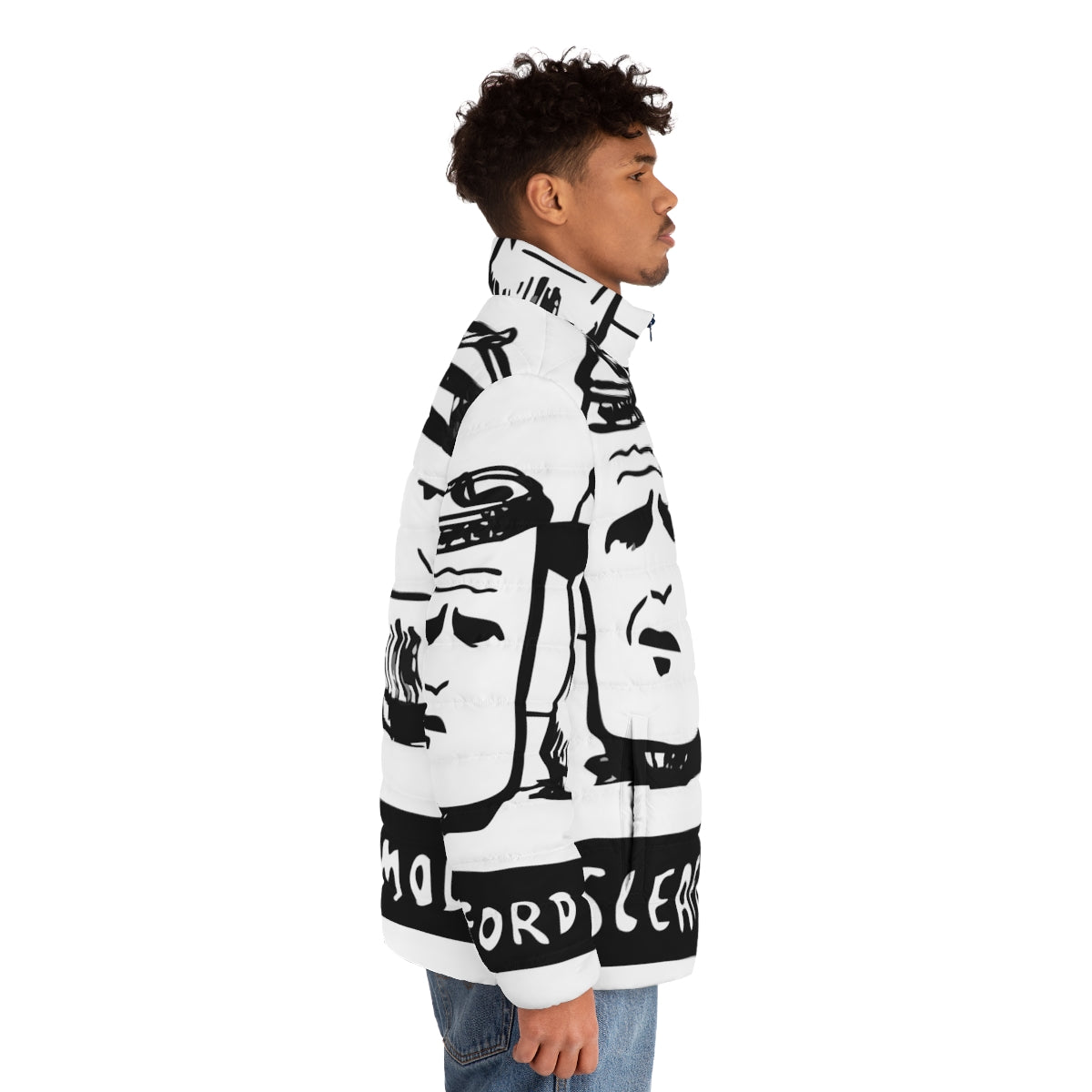 Sleaford Mods inspired puffer jacket with punk rock design - men side right