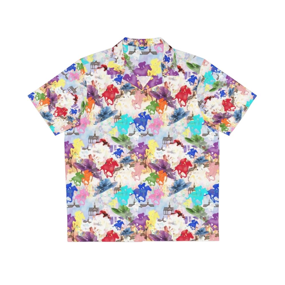 Colorful Hawaiian shirt with horse racing and jockey silhouette design