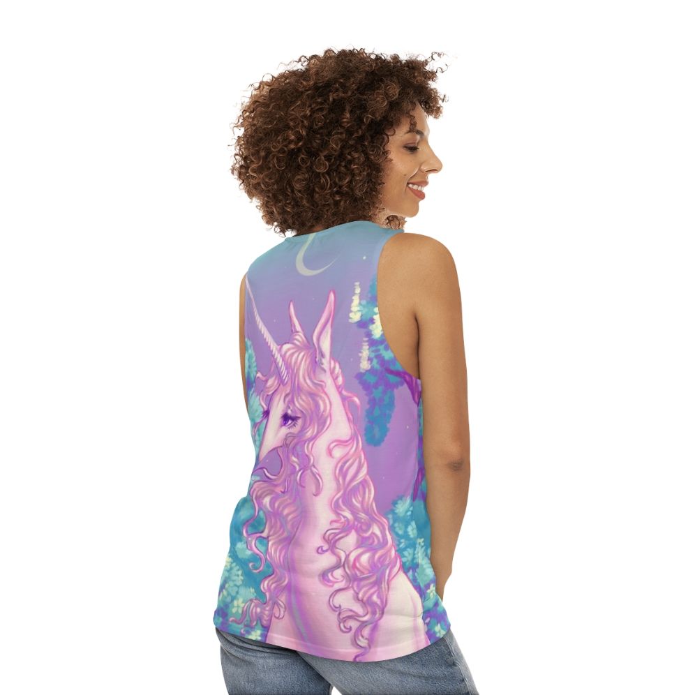 Unisex tank top featuring a glowing unicorn design in a forest setting from the classic 80s fantasy movie 'The Last Unicorn' - women back