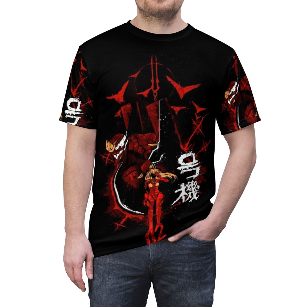 Neon Genesis Evangelion inspired graphic tee with mecha and anime character designs - men front