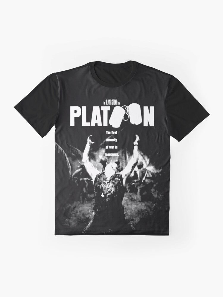 Graphic t-shirt featuring the iconic 'Platoon' movie poster design, with Oliver Stone's classic Vietnam War film imagery. - Flat lay