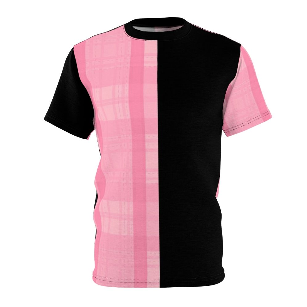 Fashionable t-shirt featuring a unique pink plaid and black striped design, perfect for music enthusiasts.