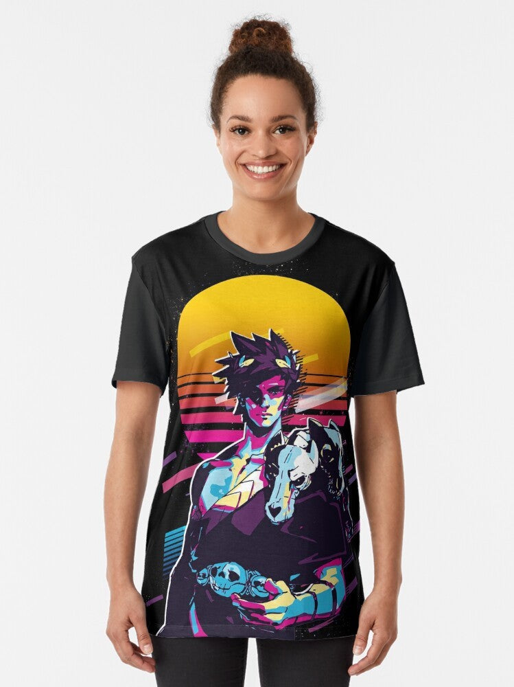 Zagreus - Hades (80s Retro) Graphic T-Shirt, featuring the character Zagreus from the game Hades in a retro, 80s-inspired style. - Women