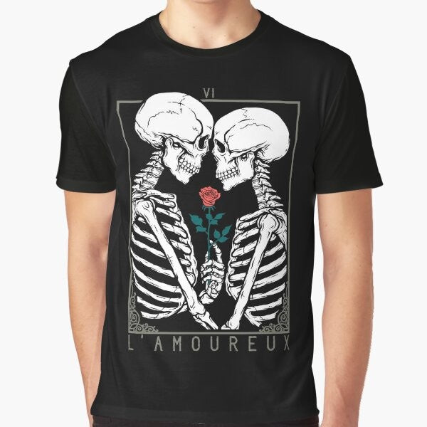 The Lovers tarot card graphic design with skulls, flowers, and a couple kissing on a gothic t-shirt.