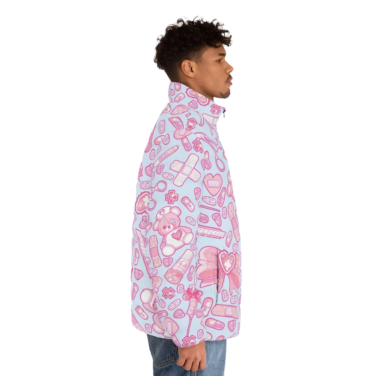 Sickly sweet puffer jacket in pastel goth, yume kawaii style with medical and horror elements - men side right