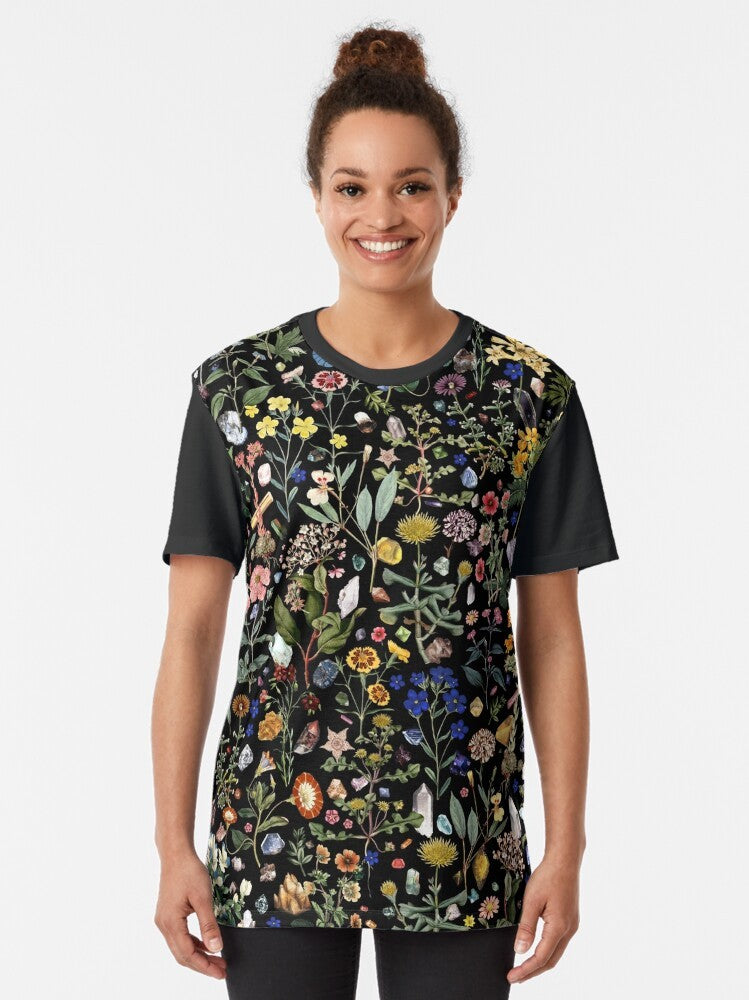 Colorful floral and botanical graphic design with crystals, leaves, and petals for a healing and nature-inspired t-shirt. - Women