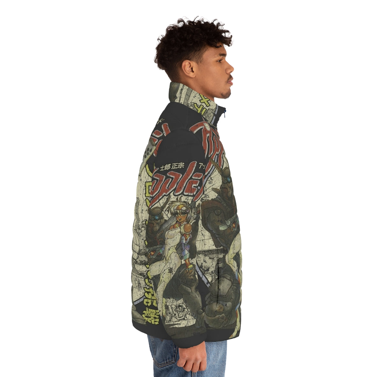 Appleseed puffer jacket with anime-inspired graphics and vintage design - men side right