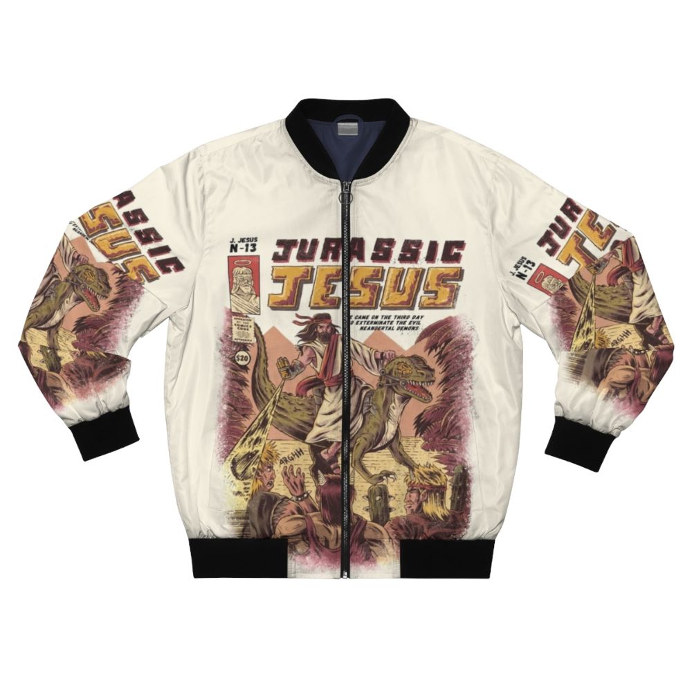 Vintage-style bomber jacket featuring a graphic of Jesus Christ with dinosaurs