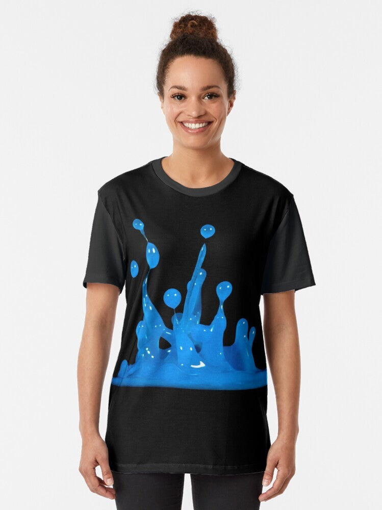 Blue abstract water splash graphic design on a white t-shirt - Women