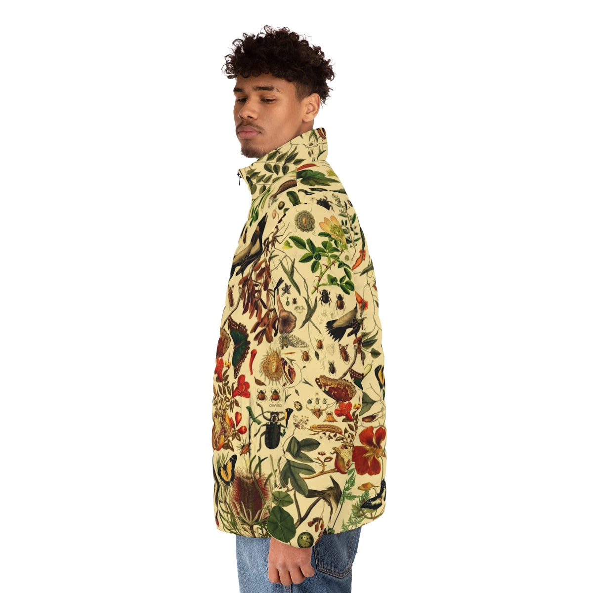 A warm and stylish puffer jacket featuring a beautiful botanical pattern. - men side left