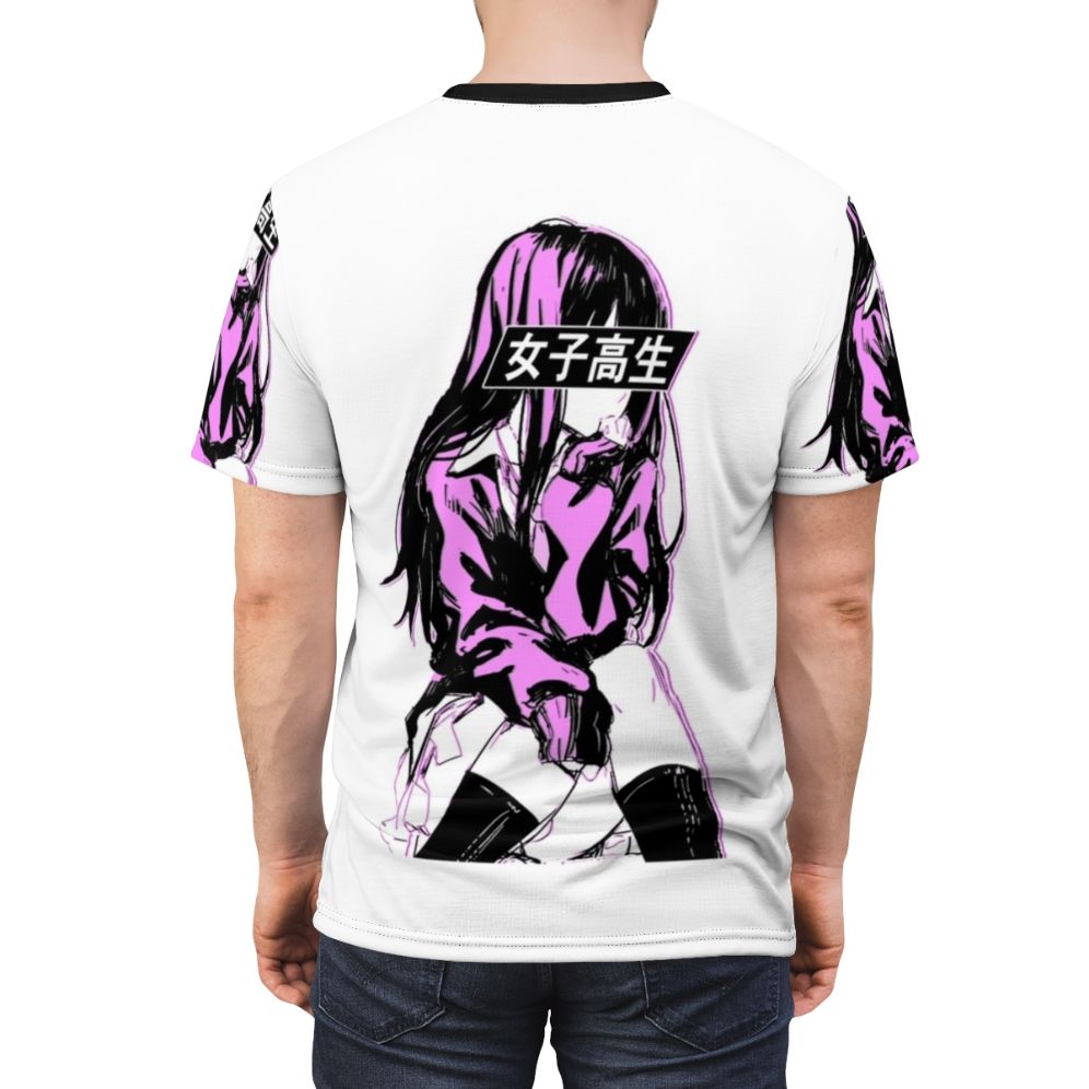 Vibrant, colorful t-shirt featuring an anime-inspired schoolgirl aesthetic design with sad, emotional elements. - men back