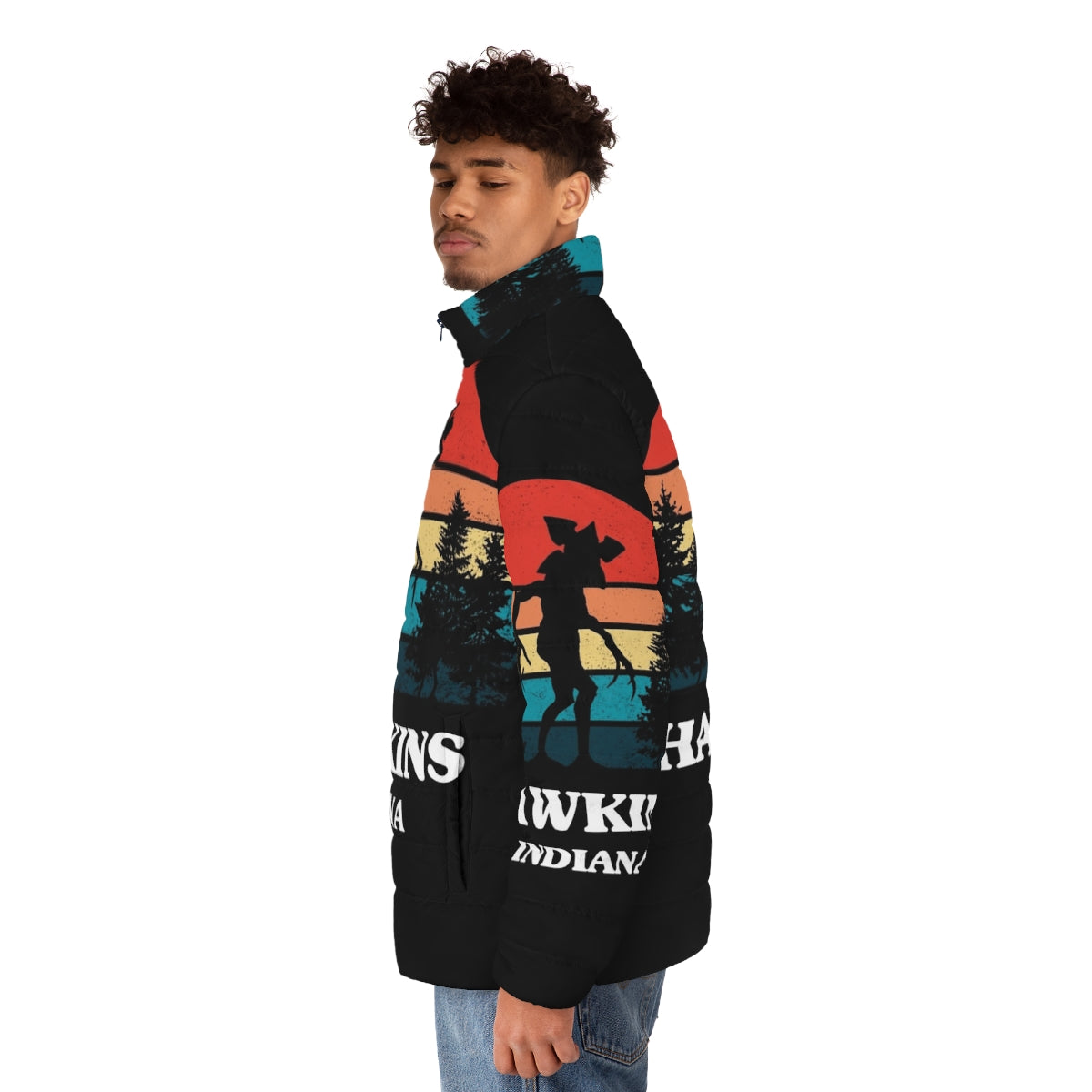 Stranger Things Demogorgon Puffer Jacket featuring Hawkins, the Upside Down, and 80s references - men side left