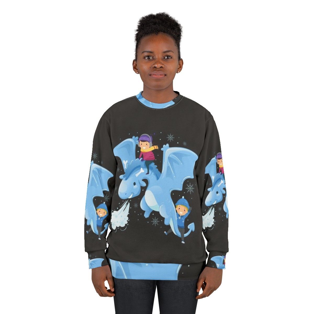 Legendary animals sweatshirt featuring a mystic dragon and lightning bolt fantasy design - women