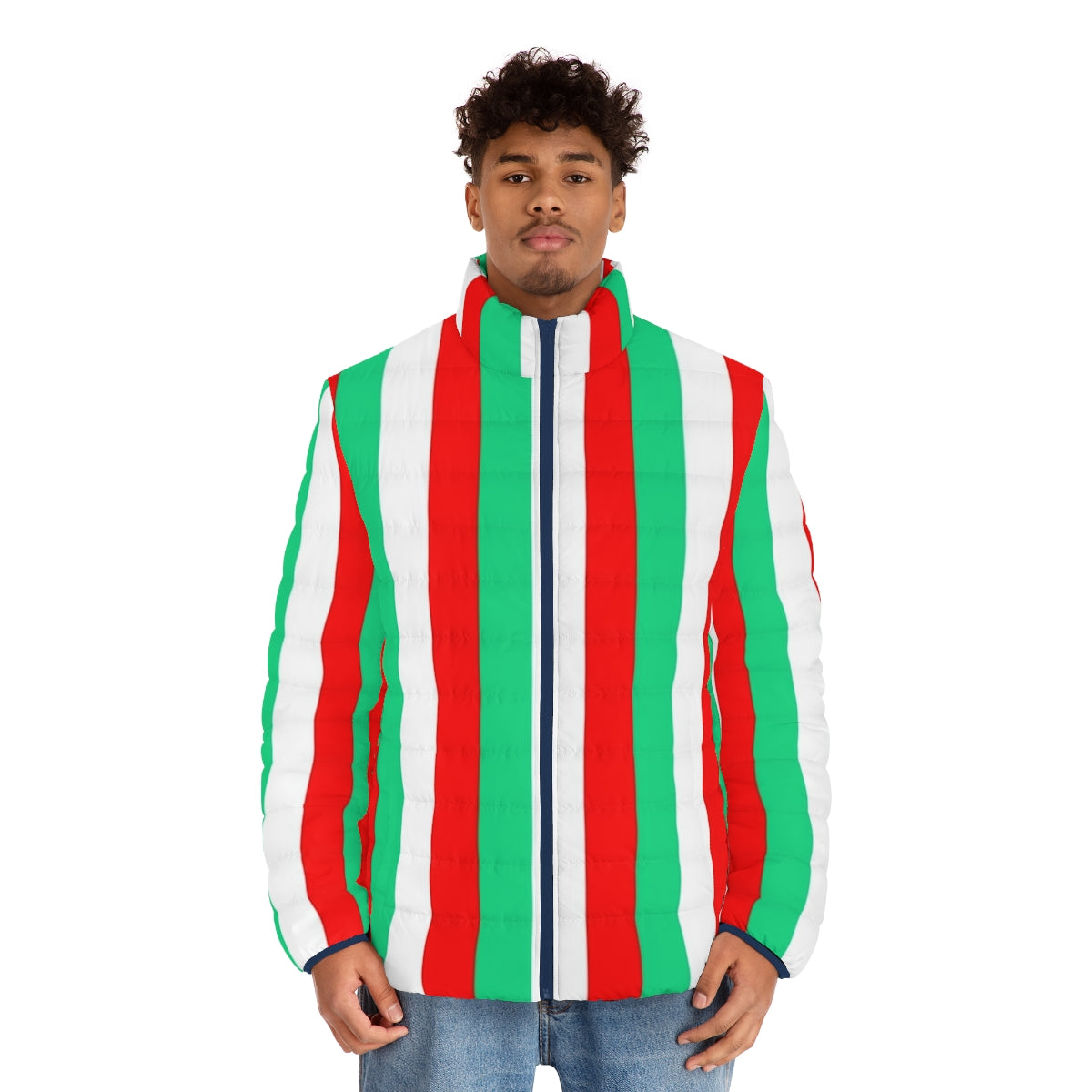 Red, green, and white striped puffer jacket, a stylish and on-trend design - men front