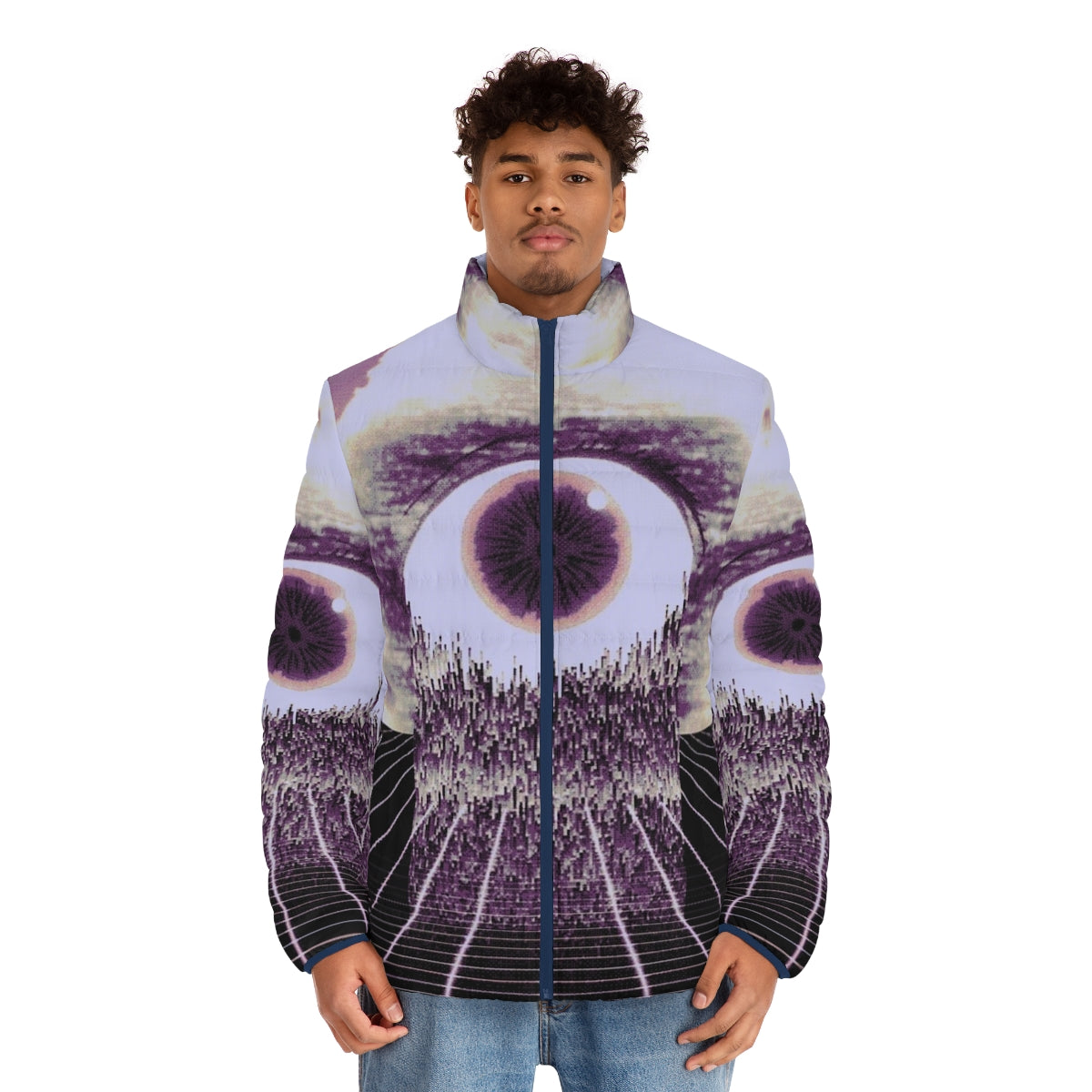 Puffer jacket with surreal glitch art and pixel design - men front