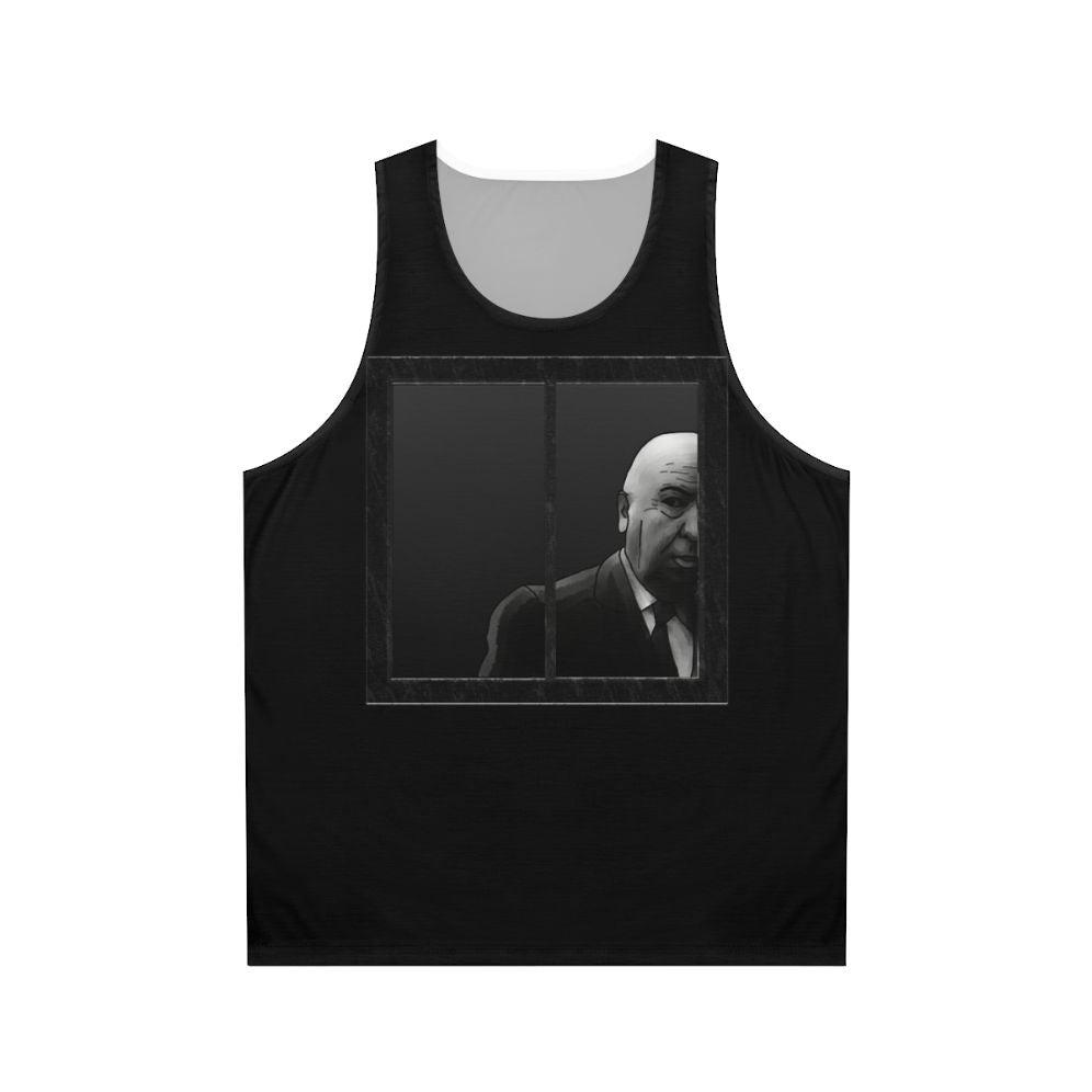 Alfred Hitchcock black and white graphic on a unisex tank top